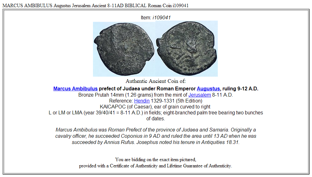 MARCUS AMBIBULUS Augustus Jerusalem Ancient 8-11AD BIBLICAL Roman Coin i109041