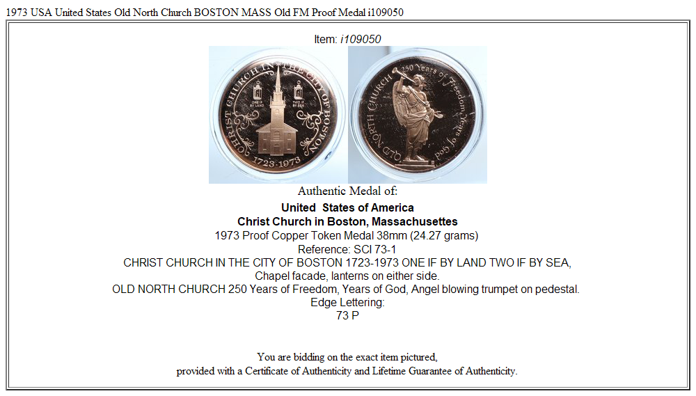 1973 USA United States Old North Church BOSTON MASS Old FM Proof Medal i109050