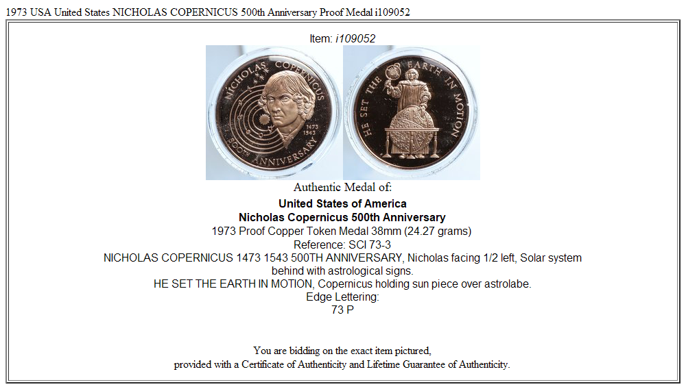 1973 USA United States NICHOLAS COPERNICUS 500th Anniversary Proof Medal i109052