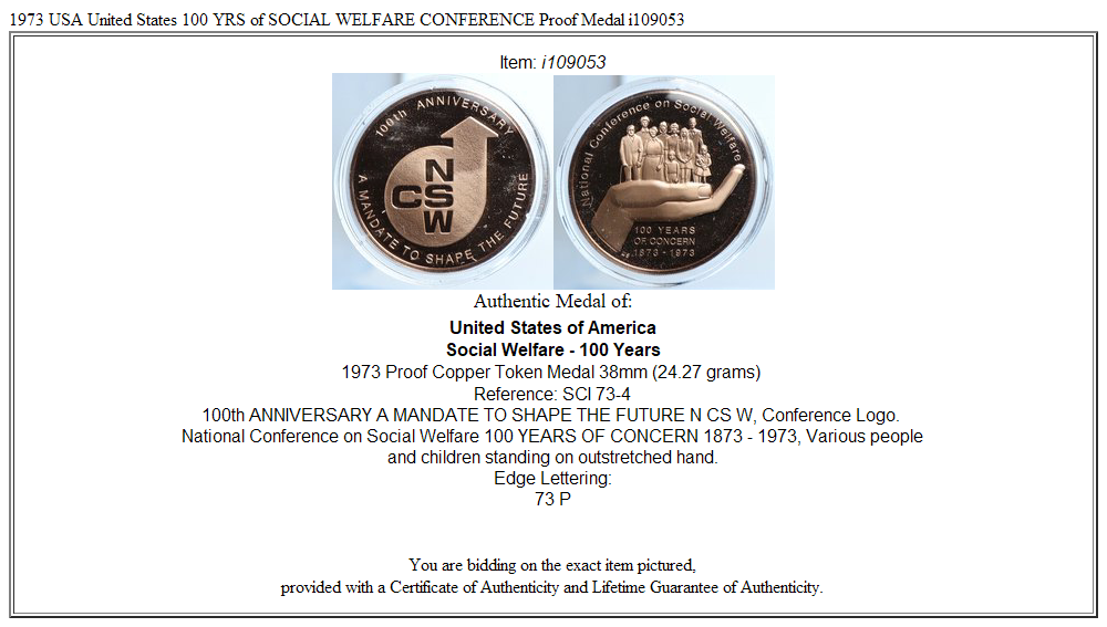 1973 USA United States 100 YRS of SOCIAL WELFARE CONFERENCE Proof Medal i109053