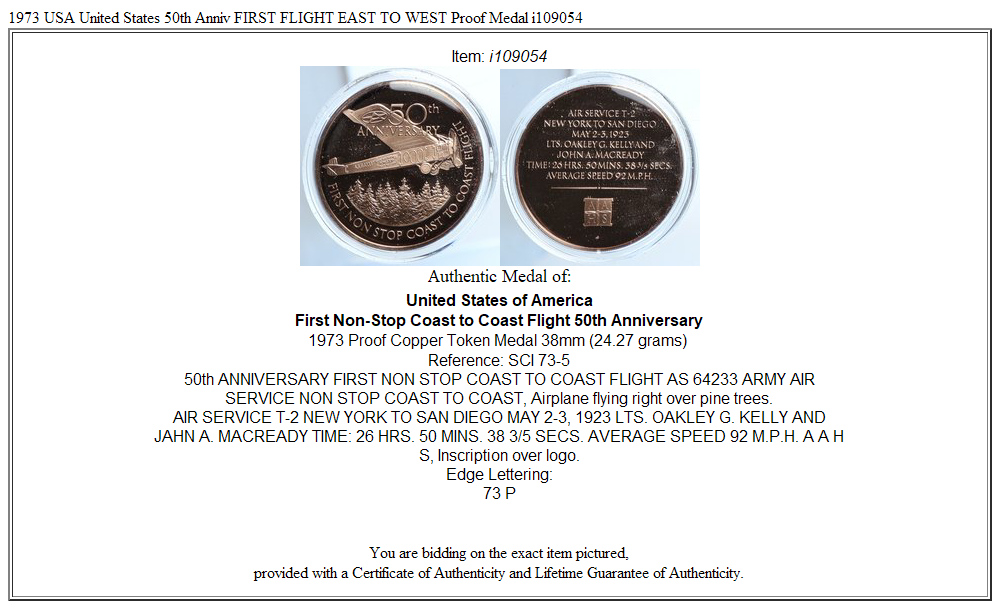 1973 USA United States 50th Anniv FIRST FLIGHT EAST TO WEST Proof Medal i109054