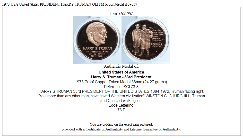 1973 USA United States PRESIDENT HARRY TRUMAN Old FM Proof Medal i109057