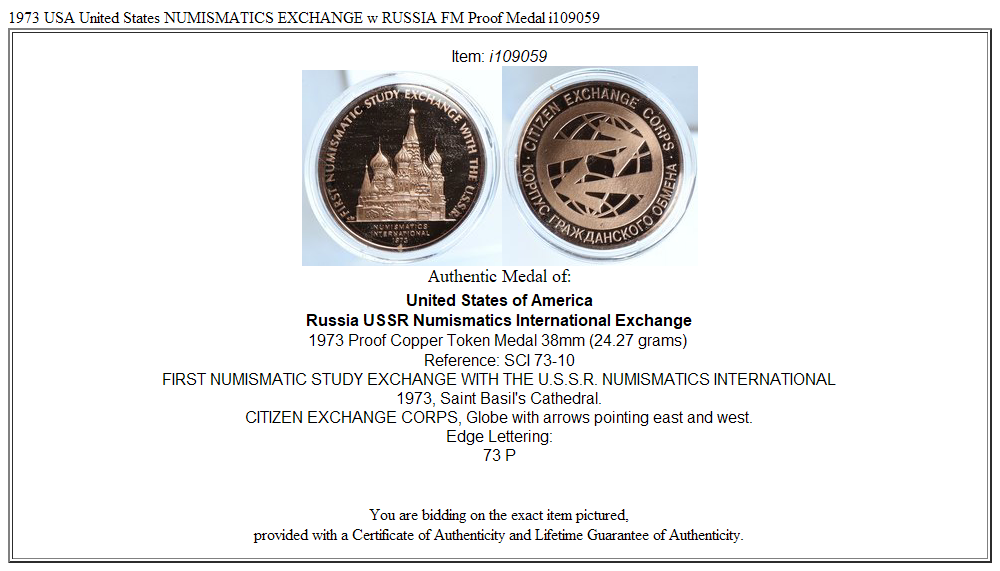 1973 USA United States NUMISMATICS EXCHANGE w RUSSIA FM Proof Medal i109059