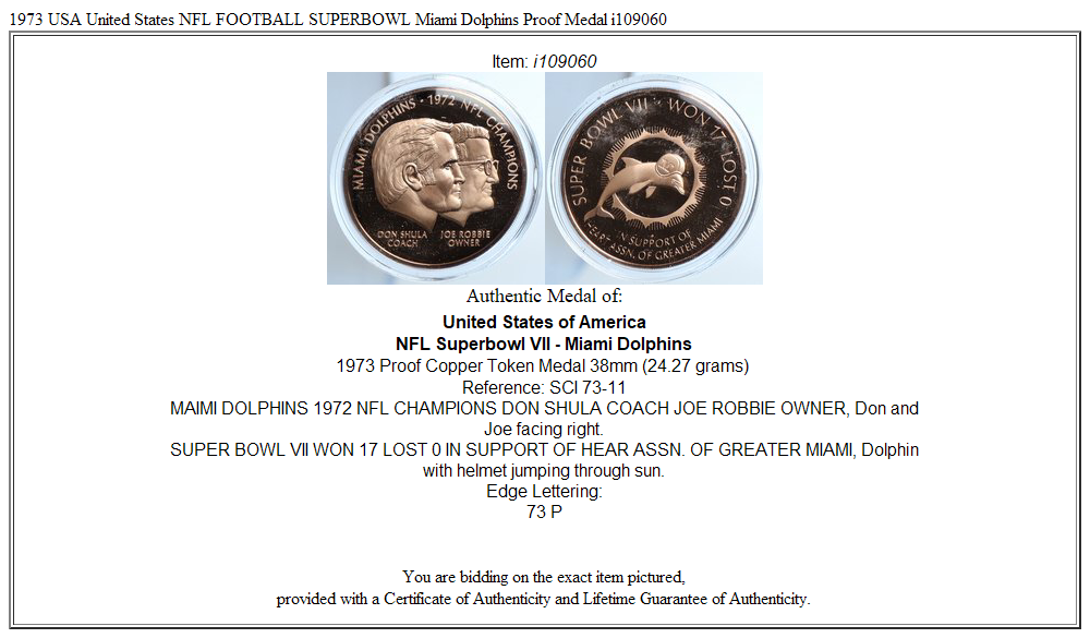 1973 USA United States NFL FOOTBALL SUPERBOWL Miami Dolphins Proof Medal i109060