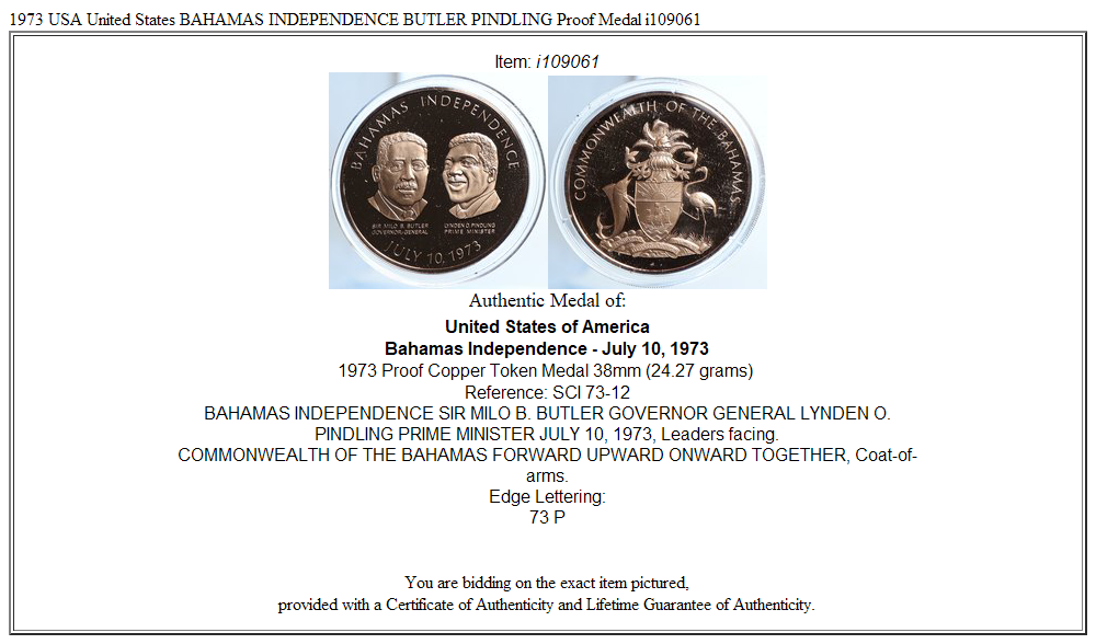 1973 USA United States BAHAMAS INDEPENDENCE BUTLER PINDLING Proof Medal i109061