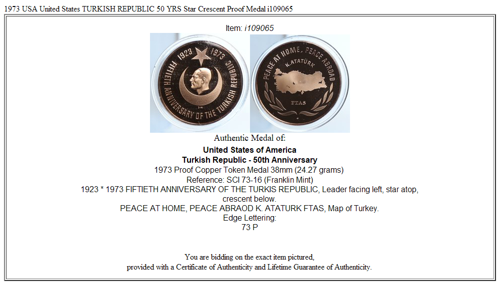 1973 USA United States TURKISH REPUBLIC 50 YRS Star Crescent Proof Medal i109065