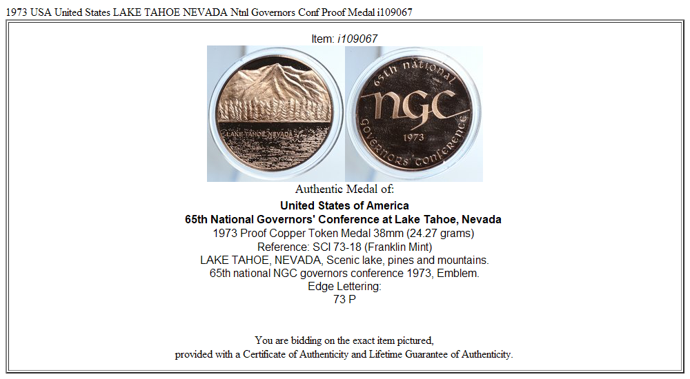 1973 USA United States LAKE TAHOE NEVADA Ntnl Governors Conf Proof Medal i109067