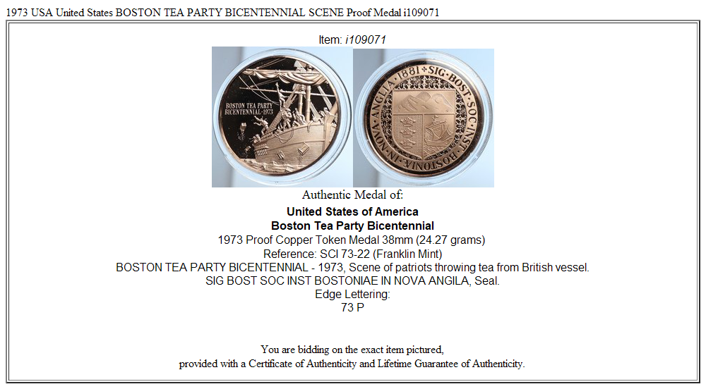 1973 USA United States BOSTON TEA PARTY BICENTENNIAL SCENE Proof Medal i109071