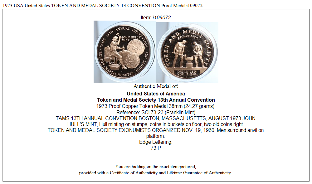 1973 USA United States TOKEN AND MEDAL SOCIETY 13 CONVENTION Proof Medal i109072