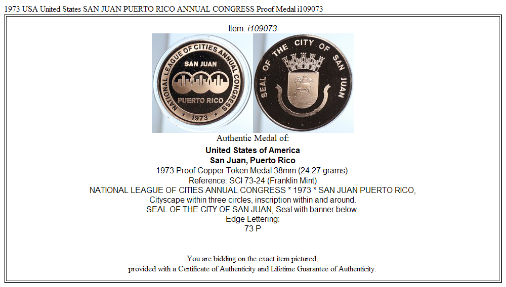 1973 USA United States SAN JUAN PUERTO RICO ANNUAL CONGRESS Proof Medal i109073