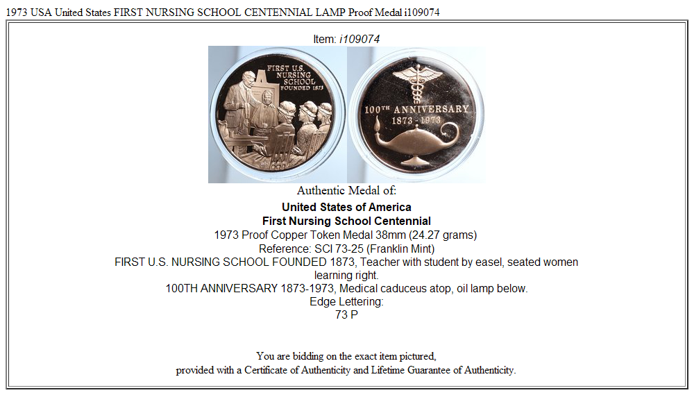 1973 USA United States FIRST NURSING SCHOOL CENTENNIAL LAMP Proof Medal i109074