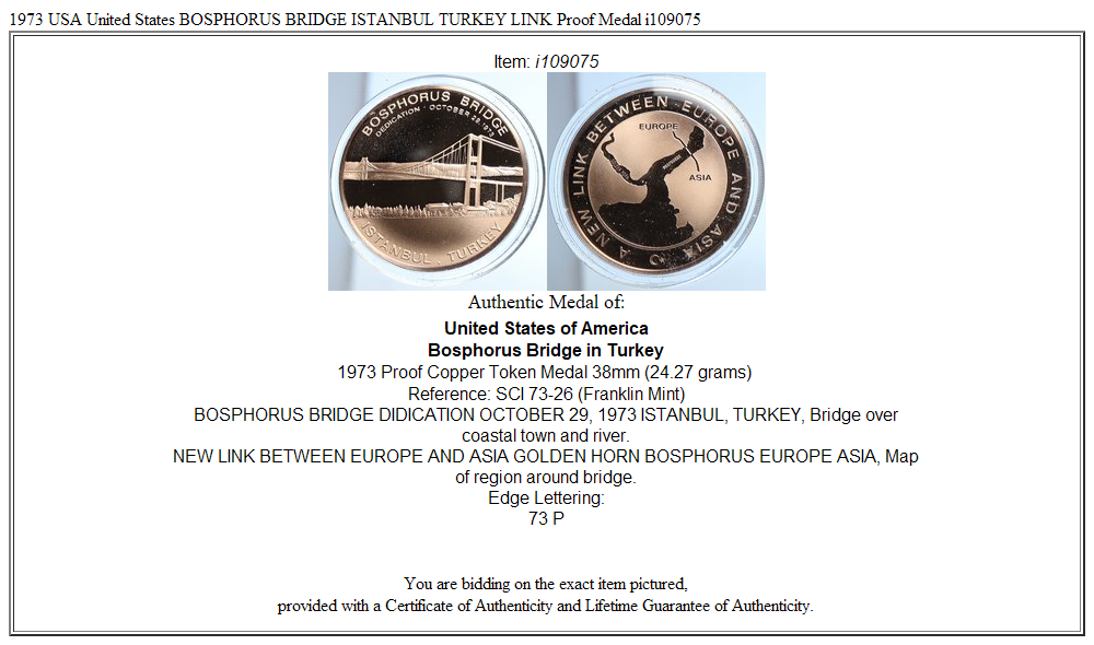 1973 USA United States BOSPHORUS BRIDGE ISTANBUL TURKEY LINK Proof Medal i109075