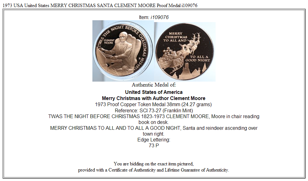 1973 USA United States MERRY CHRISTMAS SANTA CLEMENT MOORE Proof Medal i109076