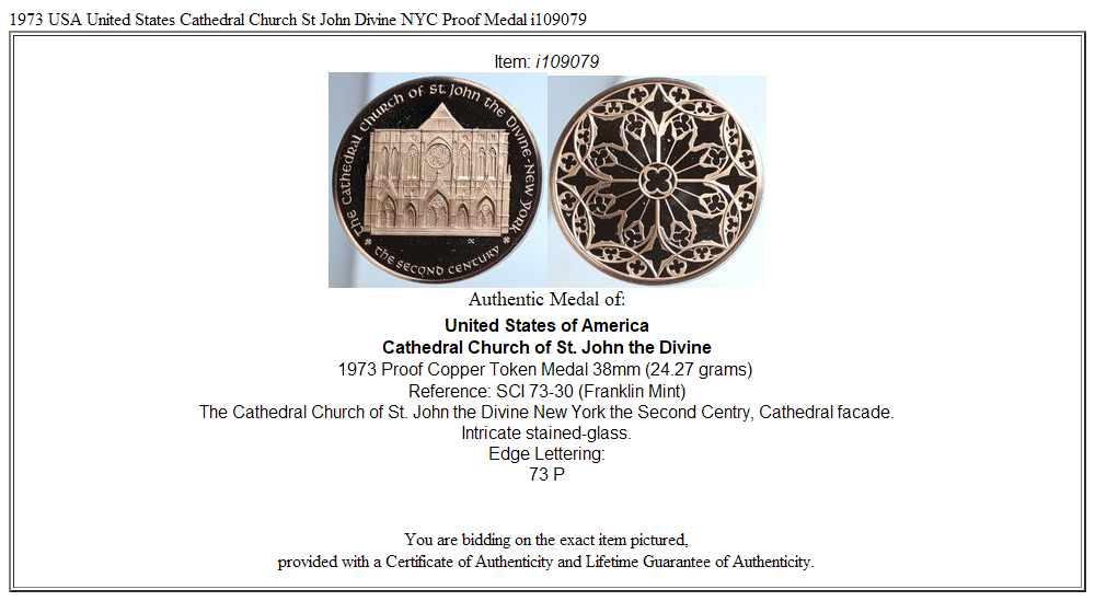 1973 USA United States Cathedral Church St John Divine NYC Proof Medal i109079