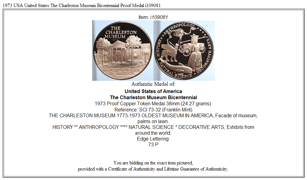 1973 USA United States The Charleston Museum Bicentennial Proof Medal i109081