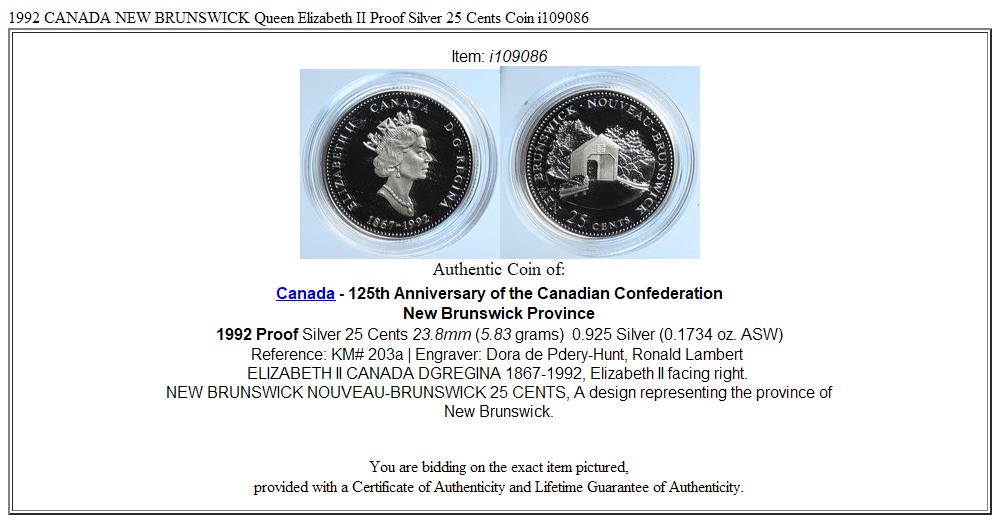 1992 CANADA NEW BRUNSWICK Queen Elizabeth II Proof Silver 25 Cents Coin i109086