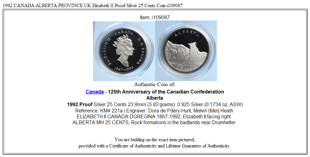 1992 CANADA ALBERTA PROVINCE UK Elizabeth II Proof Silver 25 Cents Coin i109087