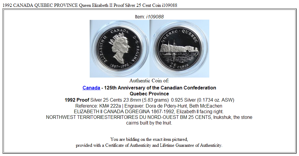 1992 CANADA QUEBEC PROVINCE Queen Elizabeth II Proof Silver 25 Cent Coin i109088