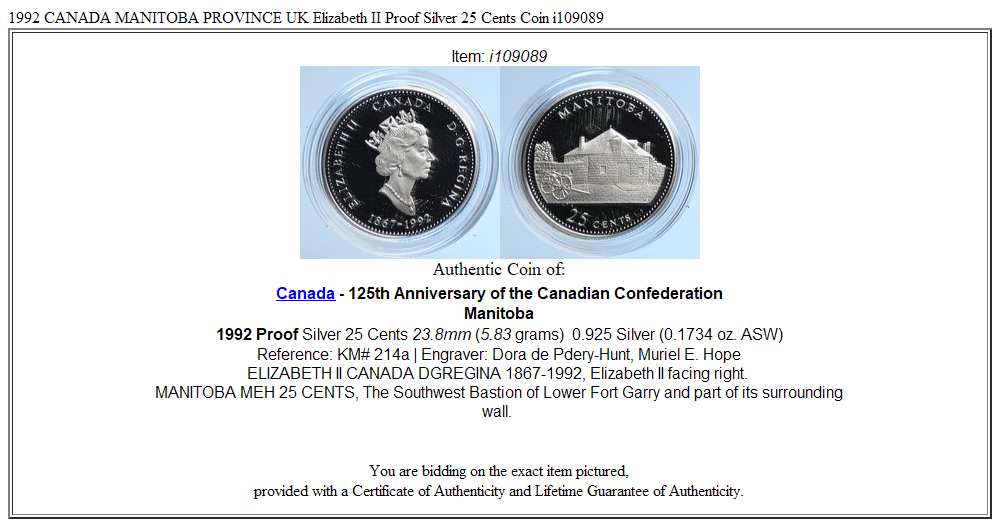 1992 CANADA MANITOBA PROVINCE UK Elizabeth II Proof Silver 25 Cents Coin i109089