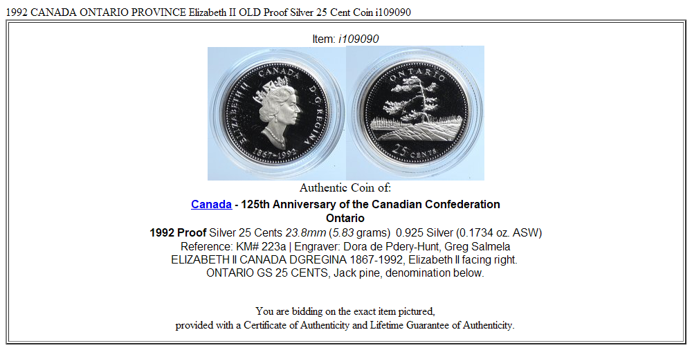 1992 CANADA ONTARIO PROVINCE Elizabeth II OLD Proof Silver 25 Cent Coin i109090