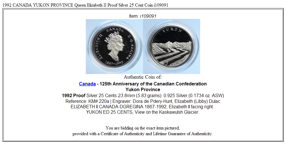 1992 CANADA YUKON PROVINCE Queen Elizabeth II Proof Silver 25 Cent Coin i109091