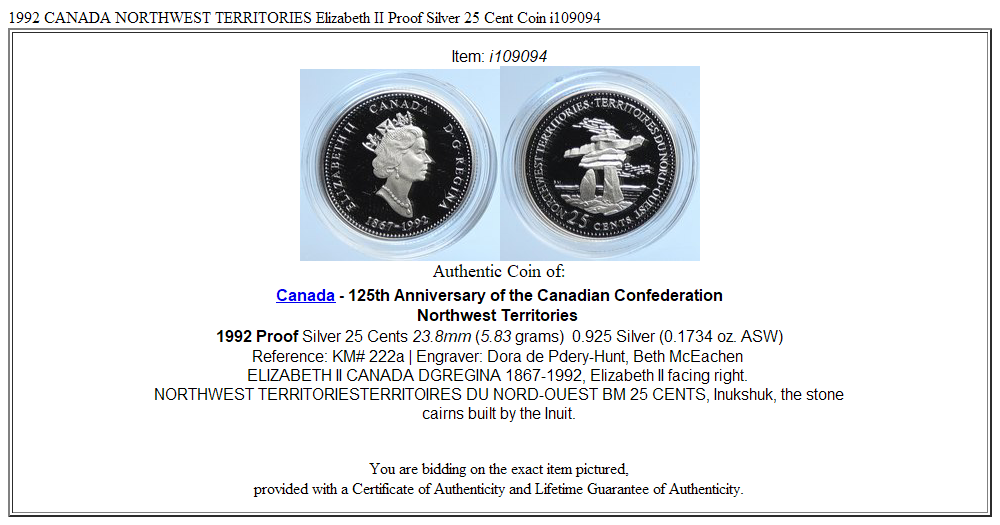 1992 CANADA NORTHWEST TERRITORIES Elizabeth II Proof Silver 25 Cent Coin i109094