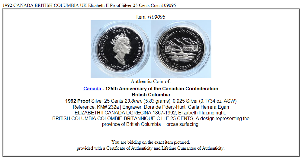 1992 CANADA BRITISH COLUMBIA UK Elizabeth II Proof Silver 25 Cents Coin i109095