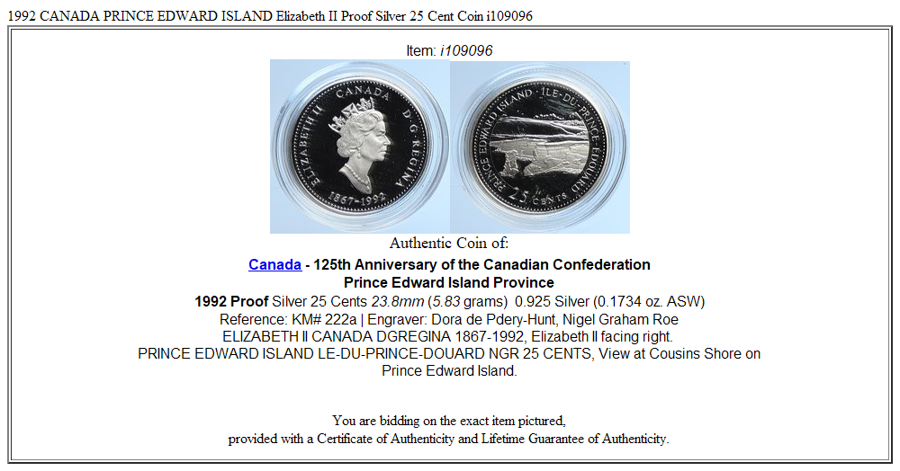 1992 CANADA PRINCE EDWARD ISLAND Elizabeth II Proof Silver 25 Cent Coin i109096