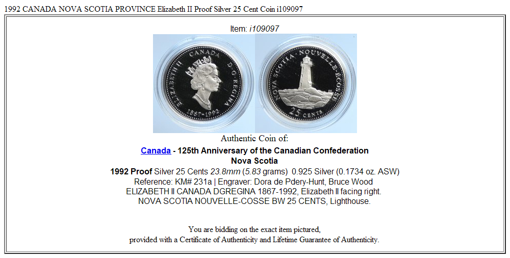 1992 CANADA NOVA SCOTIA PROVINCE Elizabeth II Proof Silver 25 Cent Coin i109097