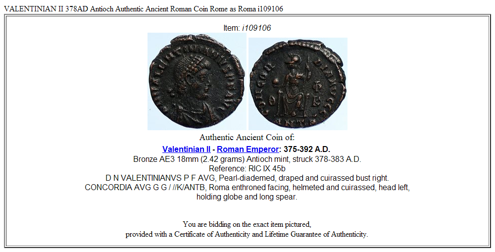 VALENTINIAN II 378AD Antioch Authentic Ancient Roman Coin Rome as Roma i109106