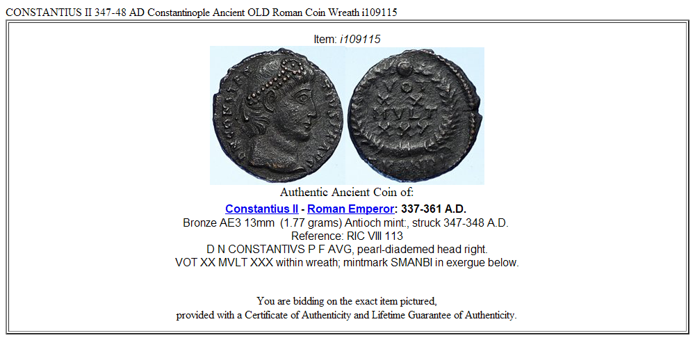 CONSTANTIUS II 347-48 AD Constantinople Ancient OLD Roman Coin Wreath i109115