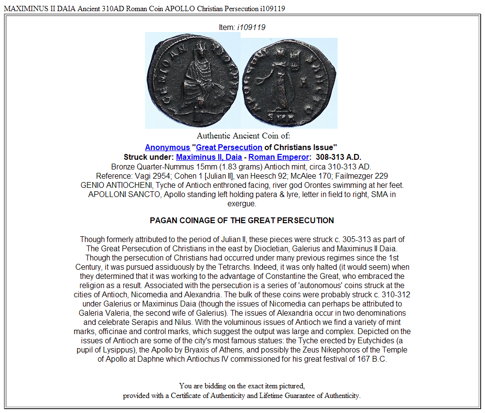 MAXIMINUS II DAIA Ancient 310AD Roman Coin APOLLO Christian Persecution i109119