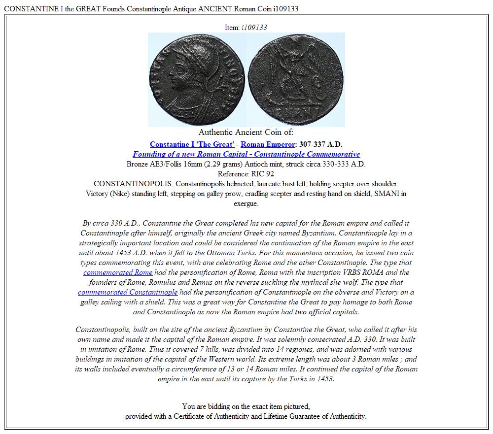 CONSTANTINE I the GREAT Founds Constantinople Antique ANCIENT Roman Coin i109133