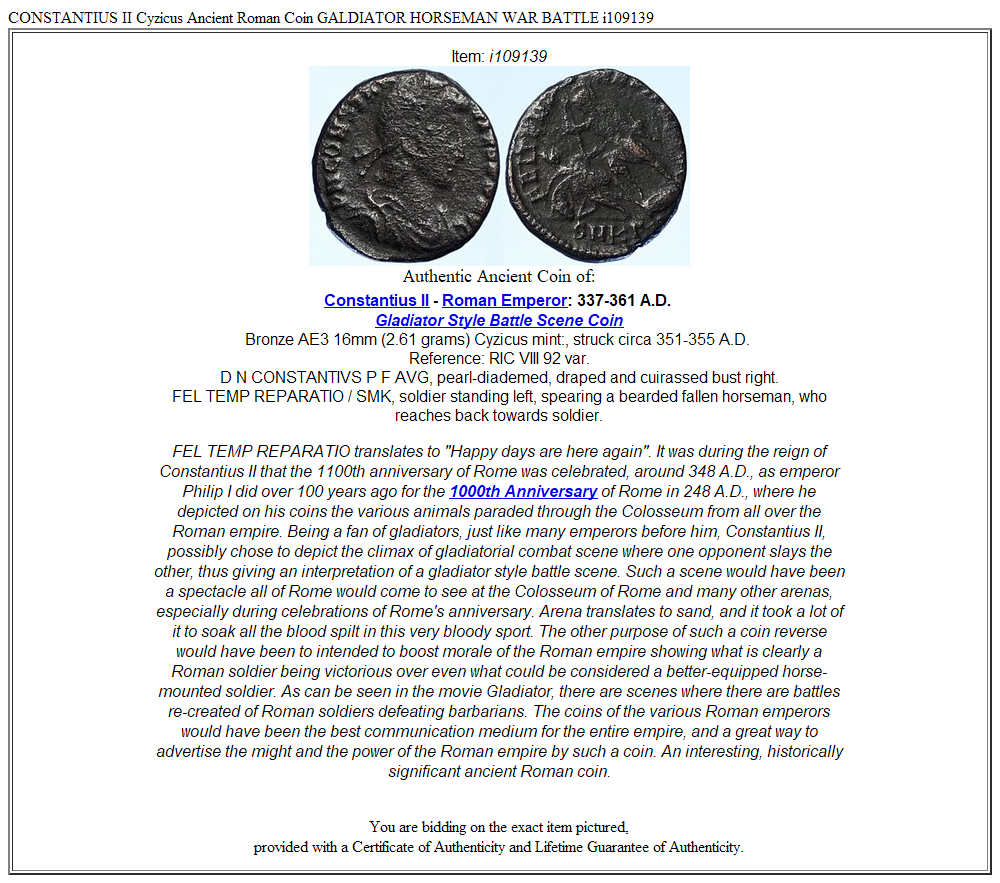 CONSTANTIUS II Cyzicus Ancient Roman Coin GALDIATOR HORSEMAN WAR BATTLE i109139
