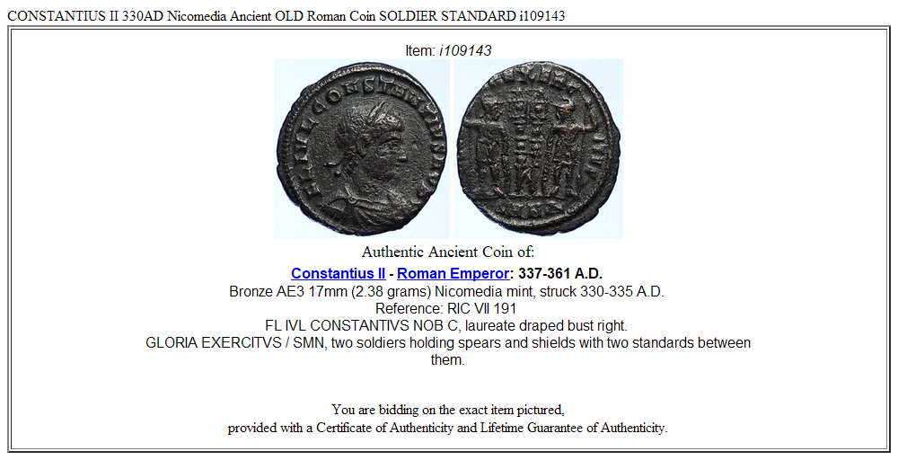 CONSTANTIUS II 330AD Nicomedia Ancient OLD Roman Coin SOLDIER STANDARD i109143