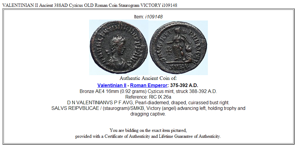VALENTINIAN II Ancient 388AD Cyzicus OLD Roman Coin Staurogram VICTORY i109148