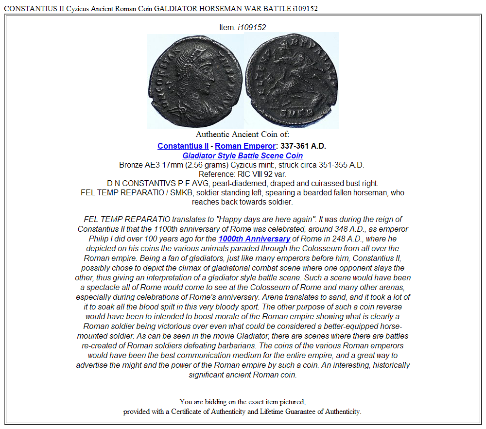 CONSTANTIUS II Cyzicus Ancient Roman Coin GALDIATOR HORSEMAN WAR BATTLE i109152