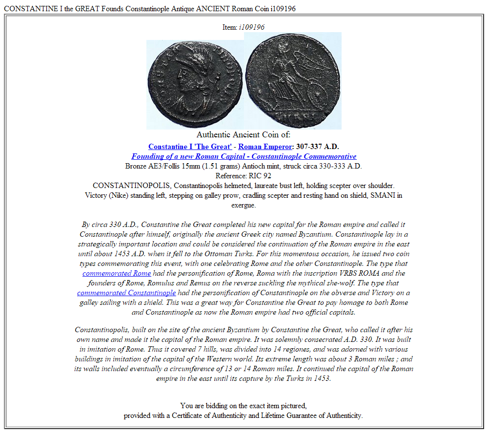 CONSTANTINE I the GREAT Founds Constantinople Antique ANCIENT Roman Coin i109196