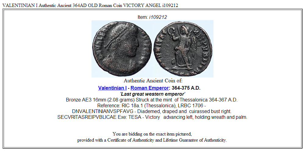 VALENTINIAN I Authentic Ancient 364AD OLD Roman Coin VICTORY ANGEL i109212