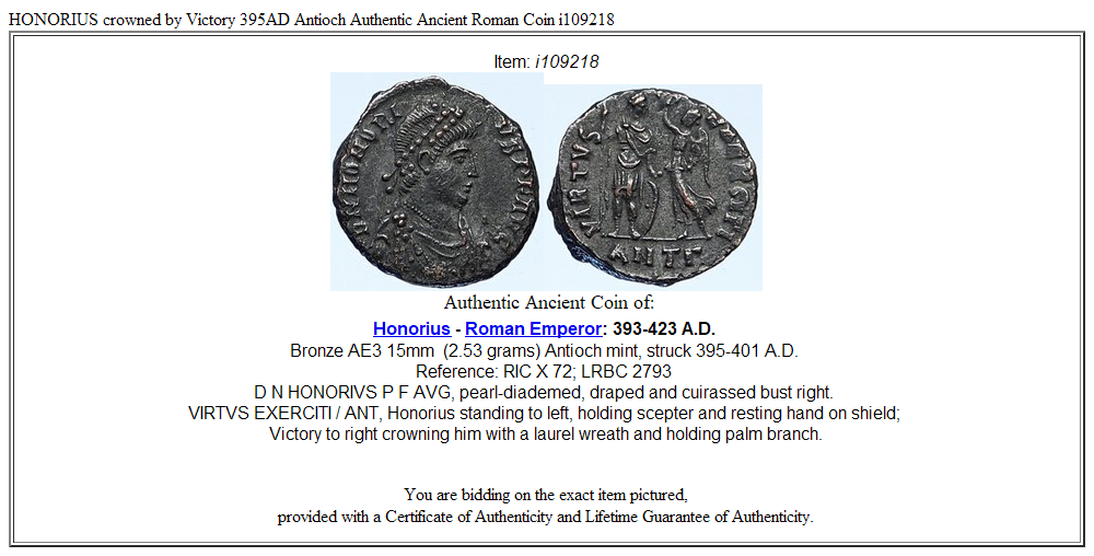 HONORIUS crowned by Victory 395AD Antioch Authentic Ancient Roman Coin i109218