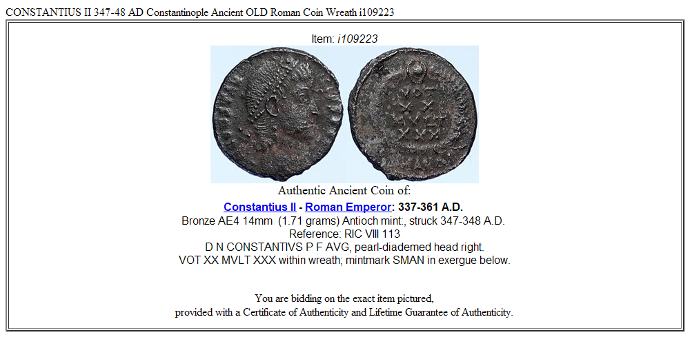 CONSTANTIUS II 347-48 AD Constantinople Ancient OLD Roman Coin Wreath i109223