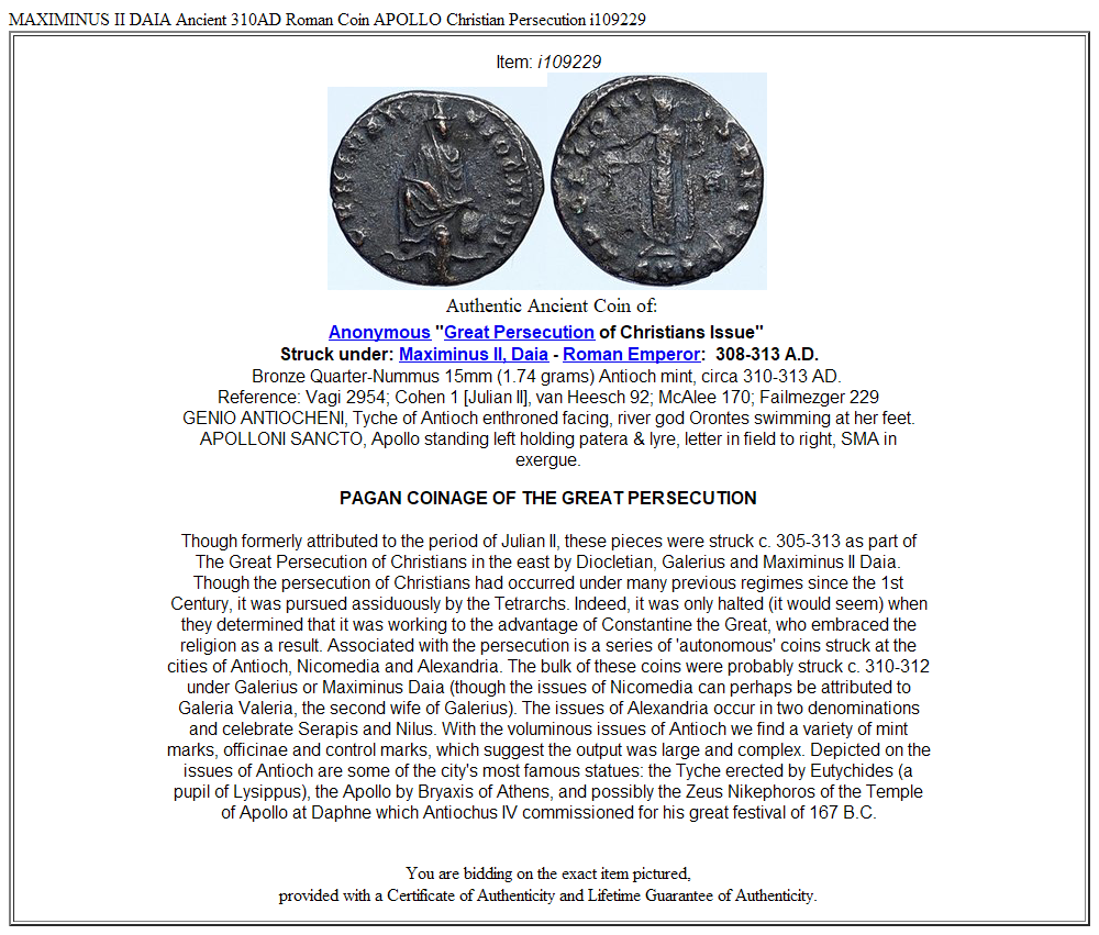 MAXIMINUS II DAIA Ancient 310AD Roman Coin APOLLO Christian Persecution i109229