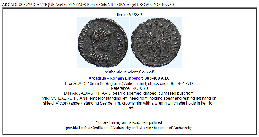 ARCADIUS 395AD ANTIQUE Ancient VINTAGE Roman Coin VICTORY Angel CROWNING i109230