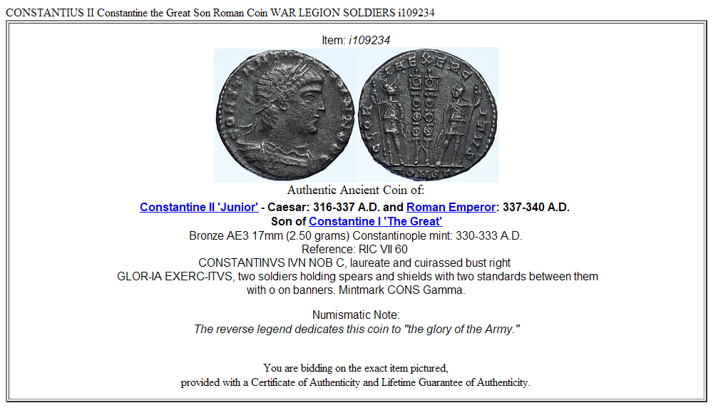 CONSTANTIUS II Constantine the Great Son Roman Coin WAR LEGION SOLDIERS i109234