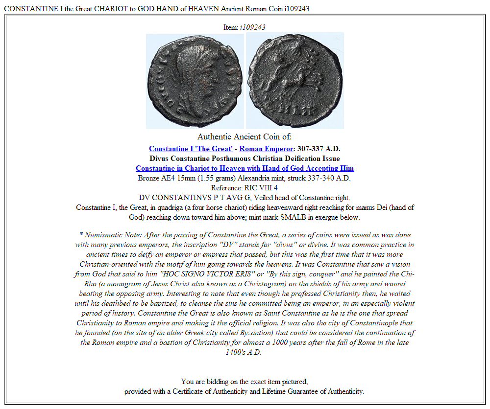 CONSTANTINE I the Great CHARIOT to GOD HAND of HEAVEN Ancient Roman Coin i109243