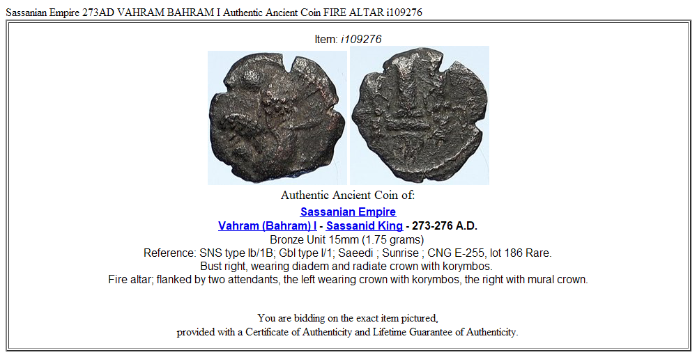 Sassanian Empire 273AD VAHRAM BAHRAM I Authentic Ancient Coin FIRE ALTAR i109276