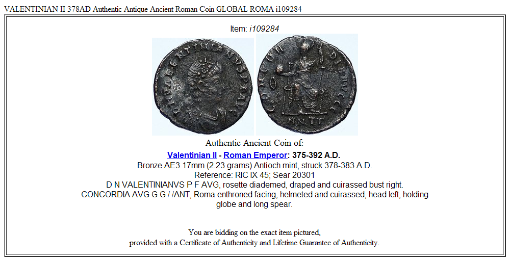 VALENTINIAN II 378AD Authentic Antique Ancient Roman Coin GLOBAL ROMA i109284