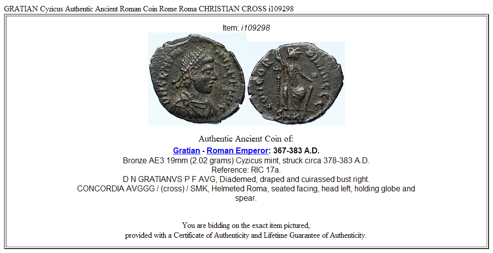 GRATIAN Cyzicus Authentic Ancient Roman Coin Rome Roma CHRISTIAN CROSS i109298