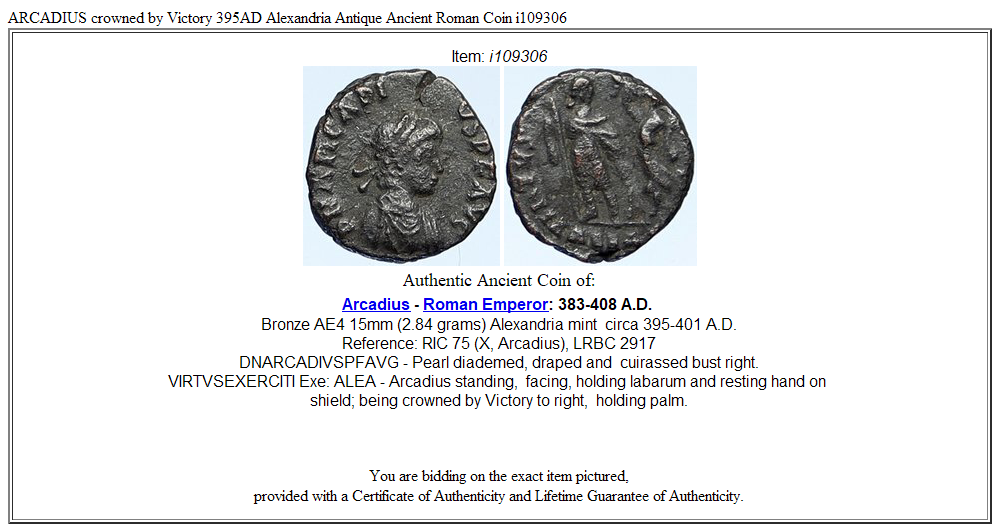 ARCADIUS crowned by Victory 395AD Alexandria Antique Ancient Roman Coin i109306