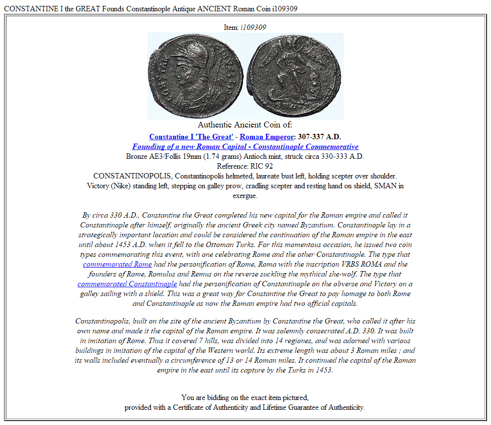 CONSTANTINE I the GREAT Founds Constantinople Antique ANCIENT Roman Coin i109309